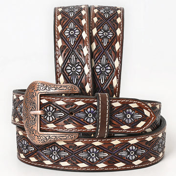 BAR H EQUINE Genuine White Flower Hand Painted Western Leather Men And Women Belt Dark Brown